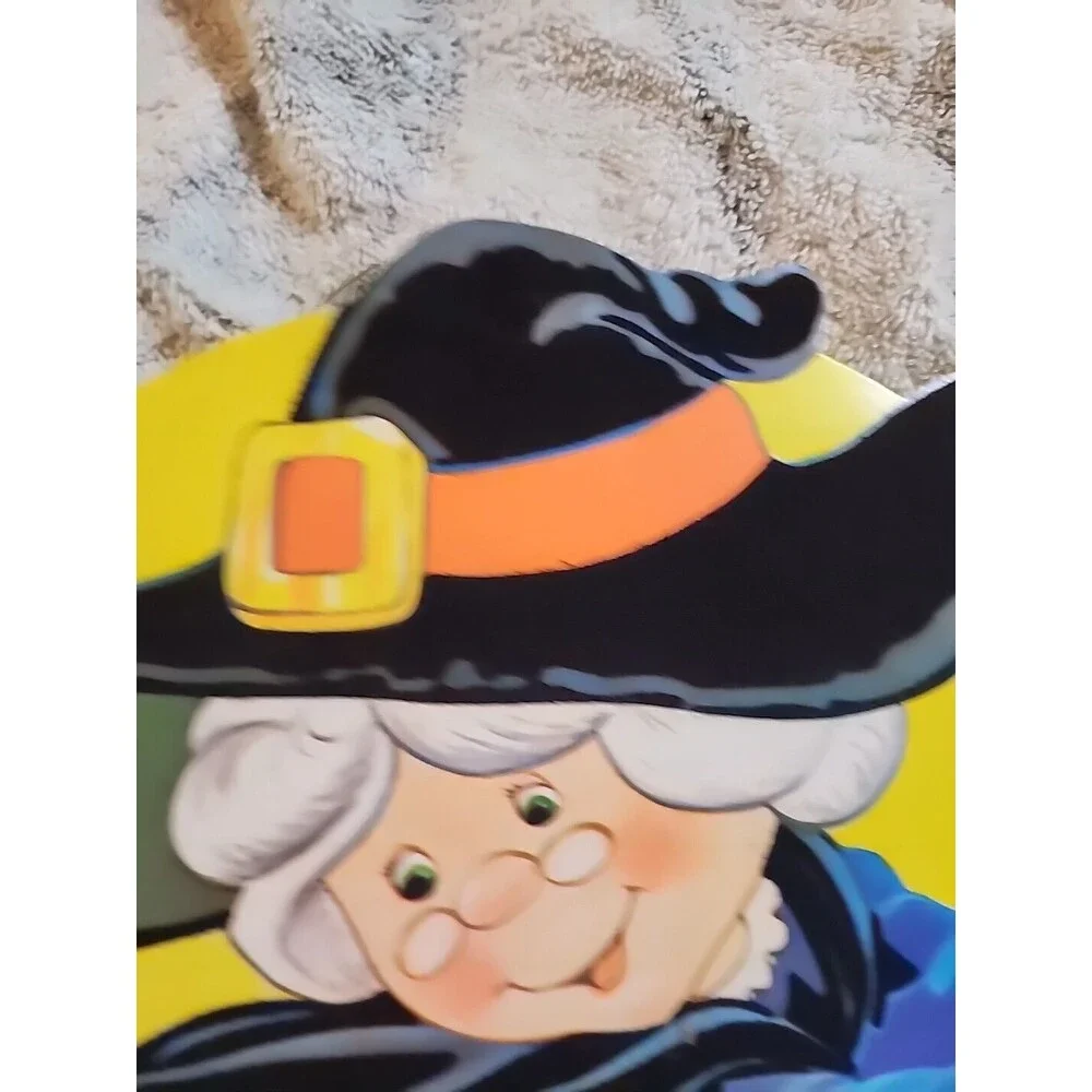 Vintage Halloween Witch on Broom Die Cut Flocked Velvet Double Sided Decoration